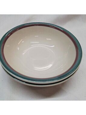 Pfaltzgraff Juniper Heritage Green & Mauve Rimmed Bowls Set Of 2 Made In USA 6 I